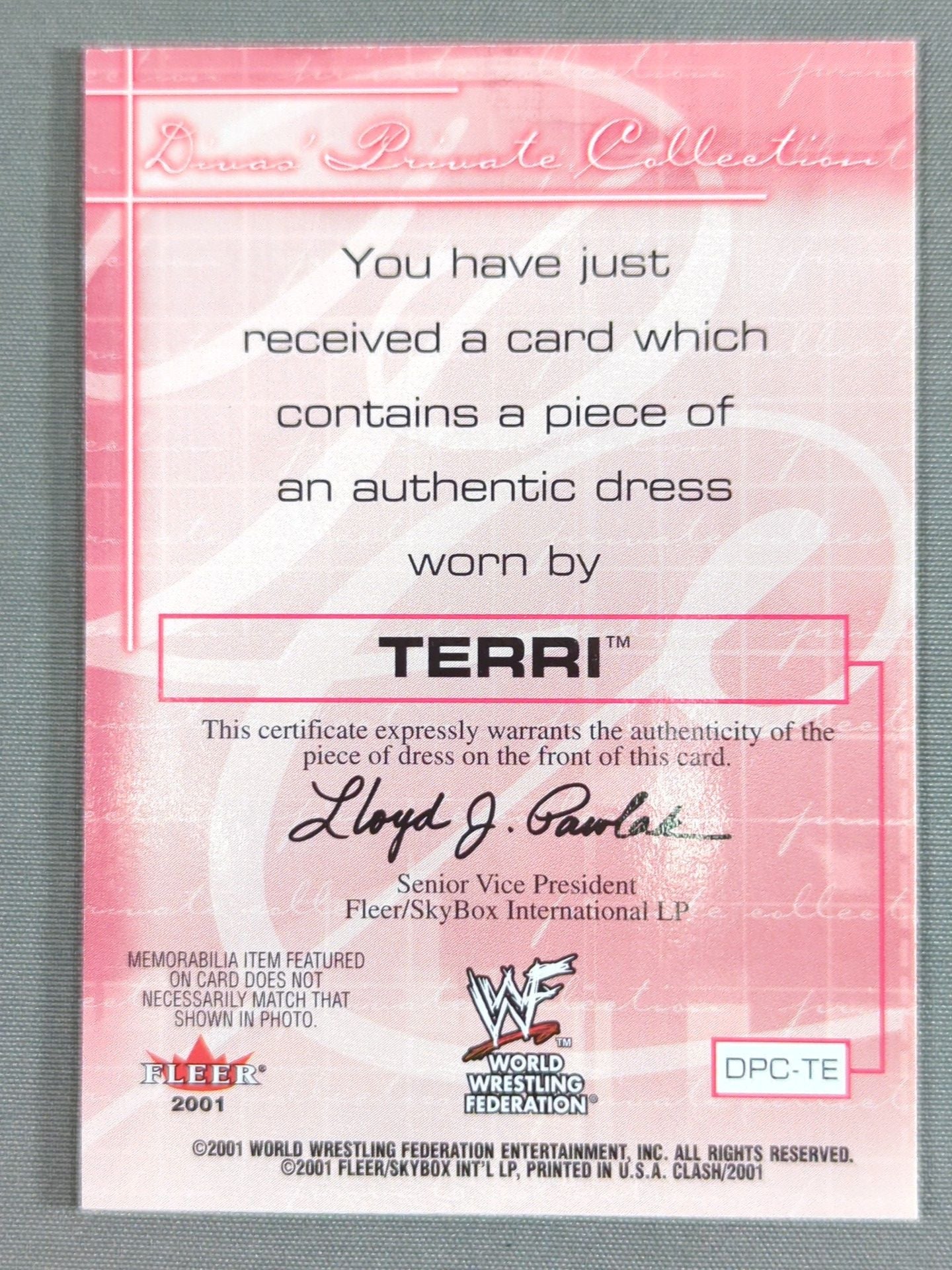 2001 WWE FLEER Terry Official Relic Card (Costume)