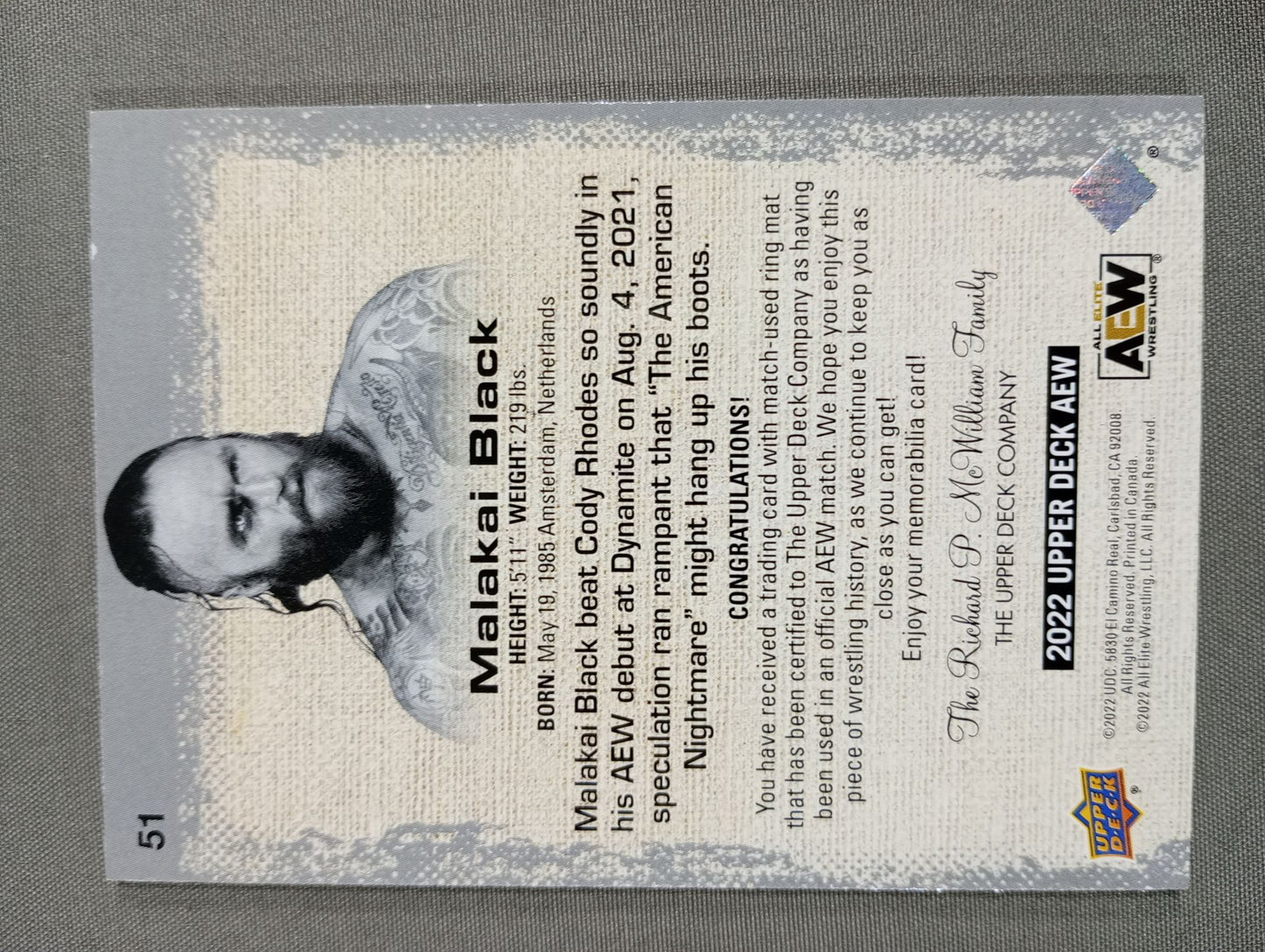 2022 AEW UPPER DECK マラカイ・ブラック 公式レリックカード(コスチューム)