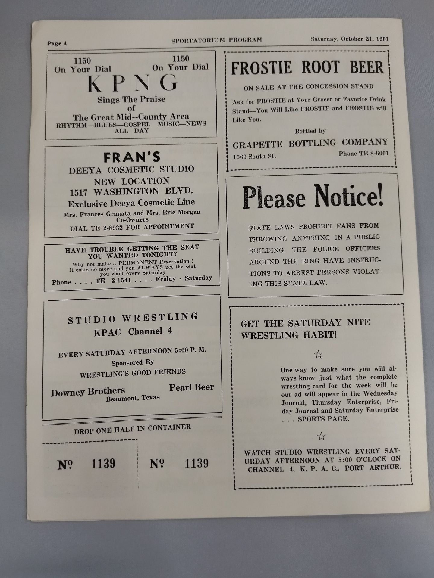 SPORTATORIUM Wrestling Program 1961 No.51