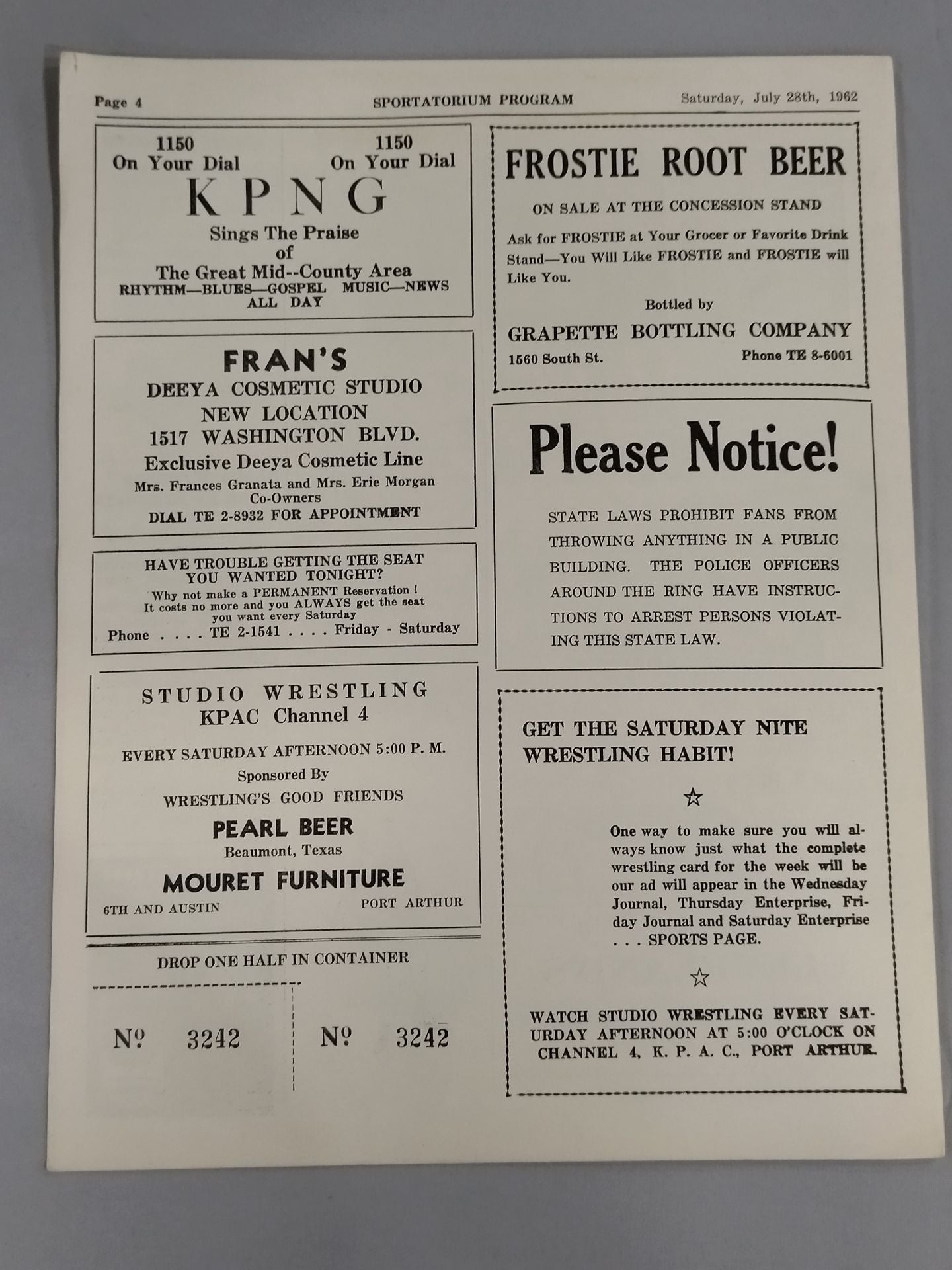 SPORTATORIUM Wrestling Program 1962 No.39