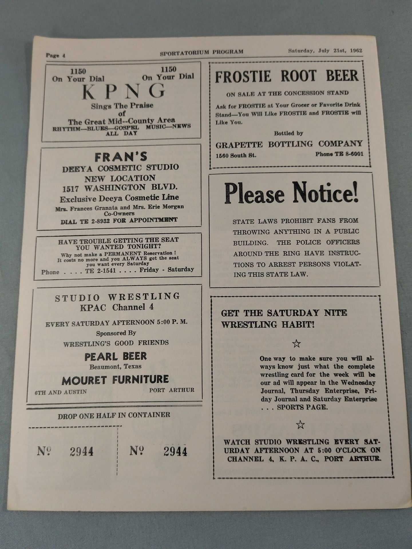 SPORTATORIUM Wrestling Program 1962 No.38