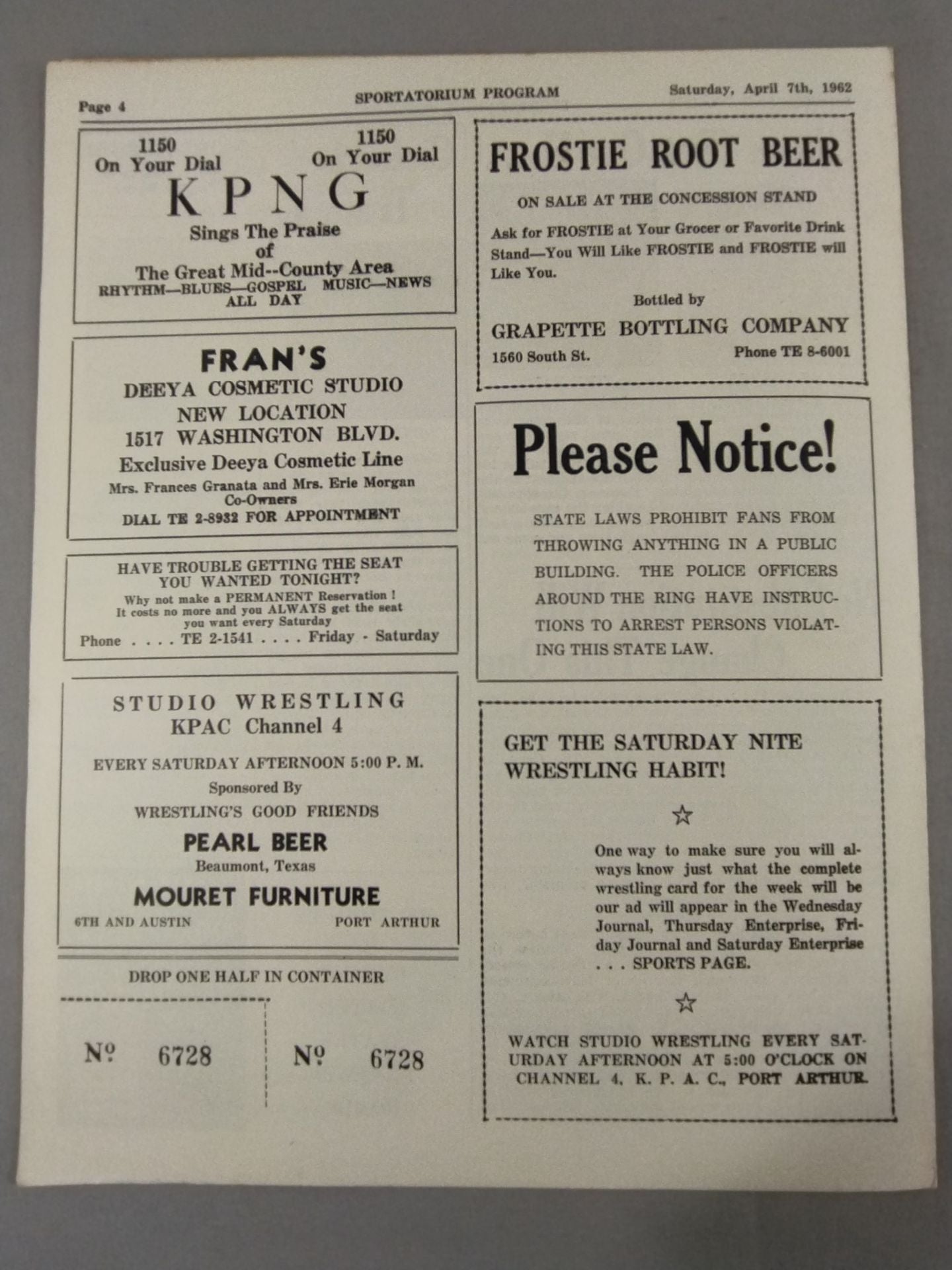 SPORTATORIUM Wrestling Program 1962 No.23