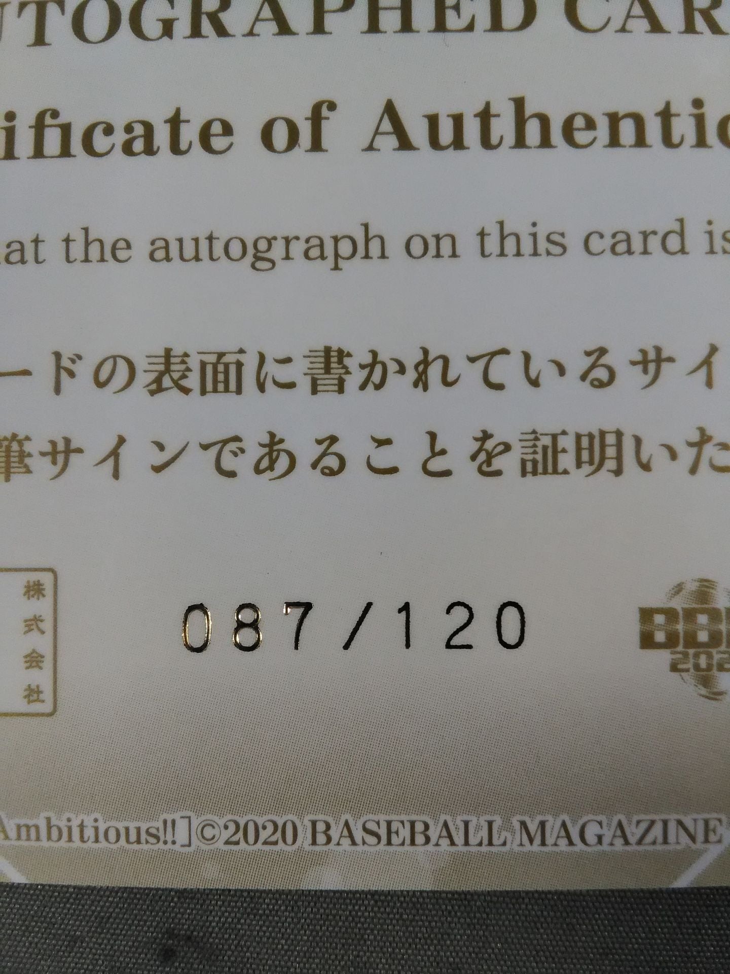 2020 BBM 中森華子 公式サインカード