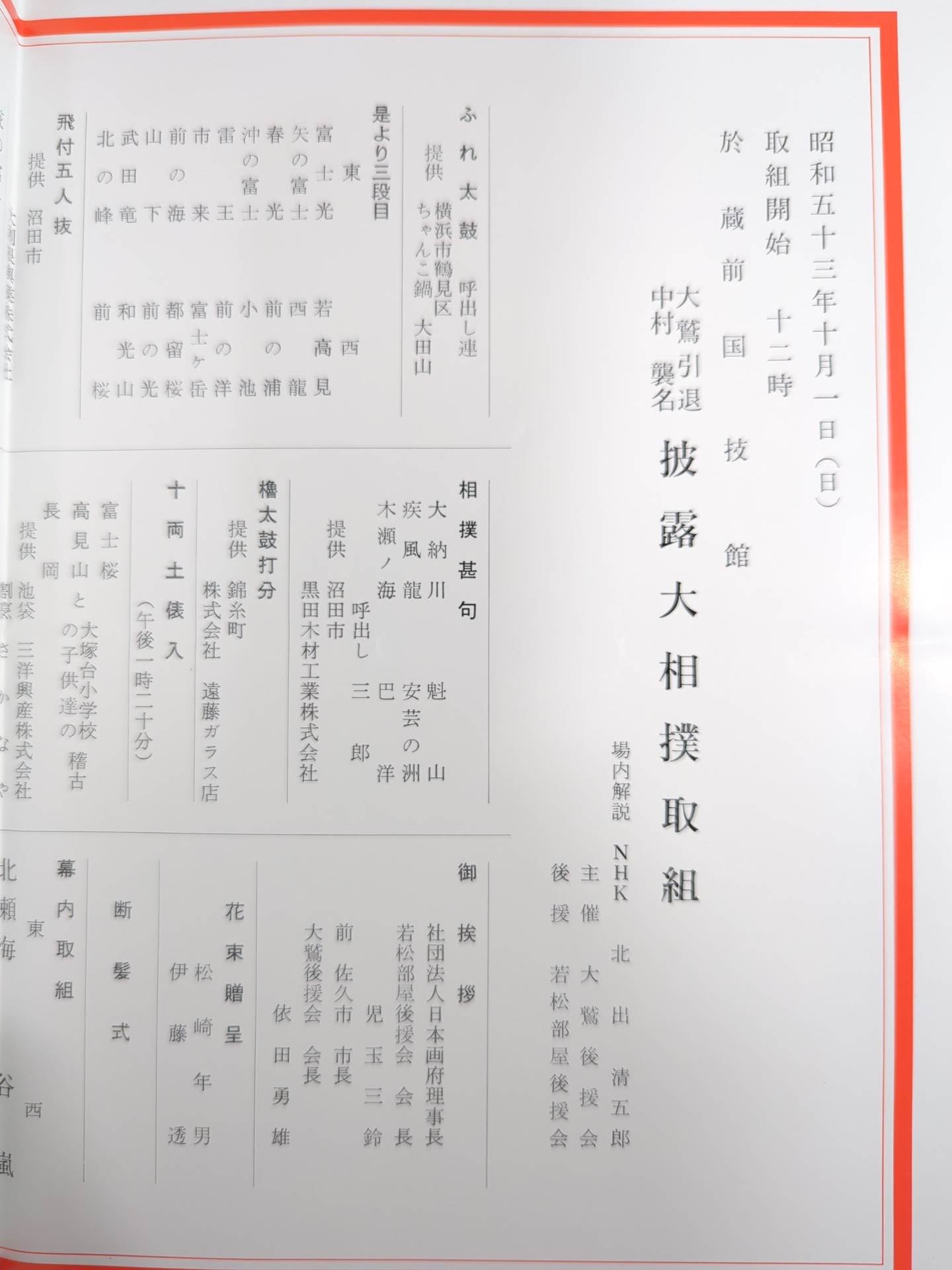 大鷲引退・中村襲名 披露大相撲 取組表