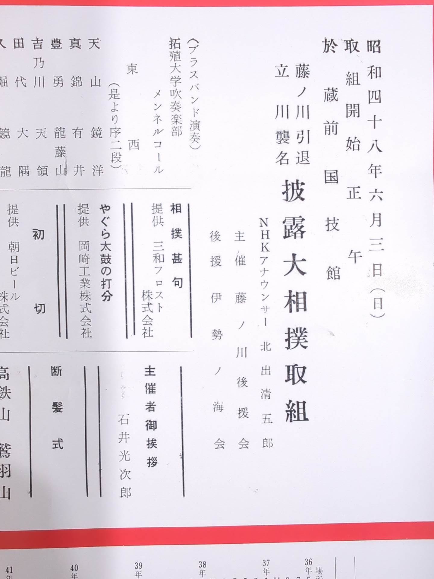 藤ノ川引退・立川襲名 披露大相撲 取組表