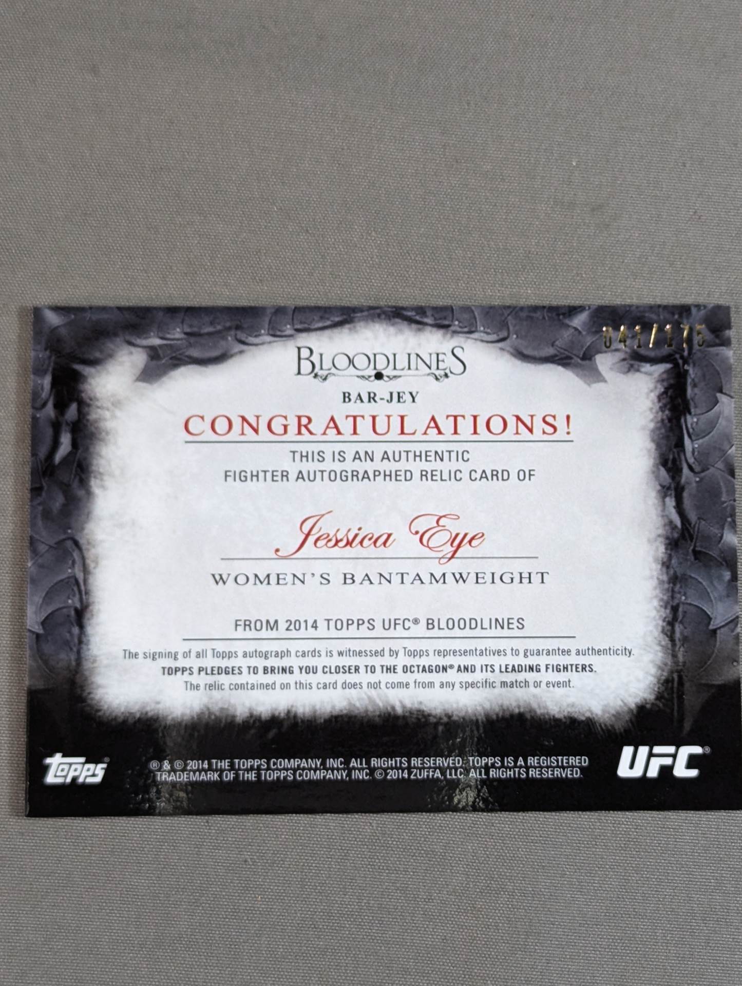 2014 UFC topps ジェシカ・アイ 公式サイン&レリックカード