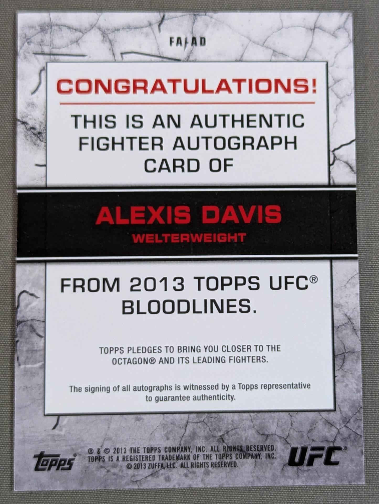 2013 UFC topps アレクシス・デイビス 公式レリックカード