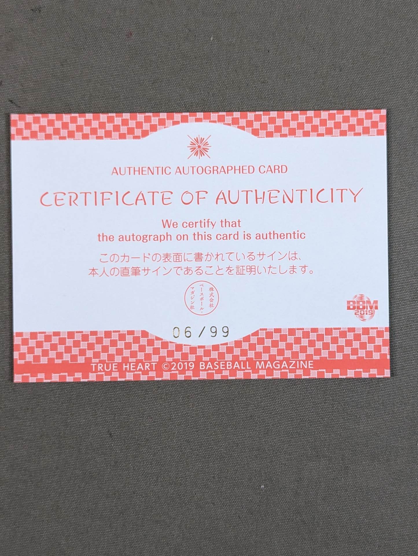 2019 BBM 大畠美咲 公式サインカード