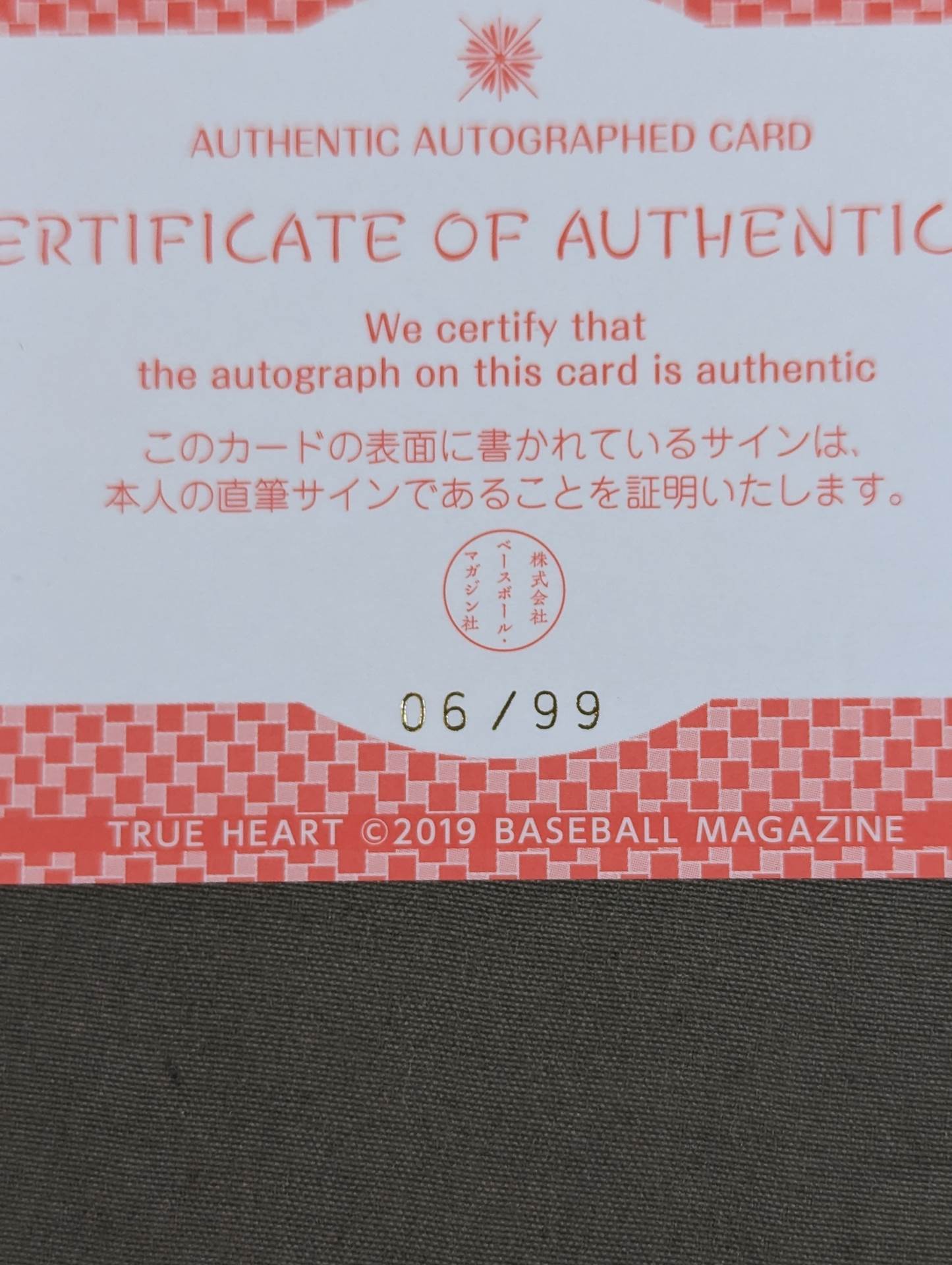 2019 BBM 大畠美咲 公式サインカード