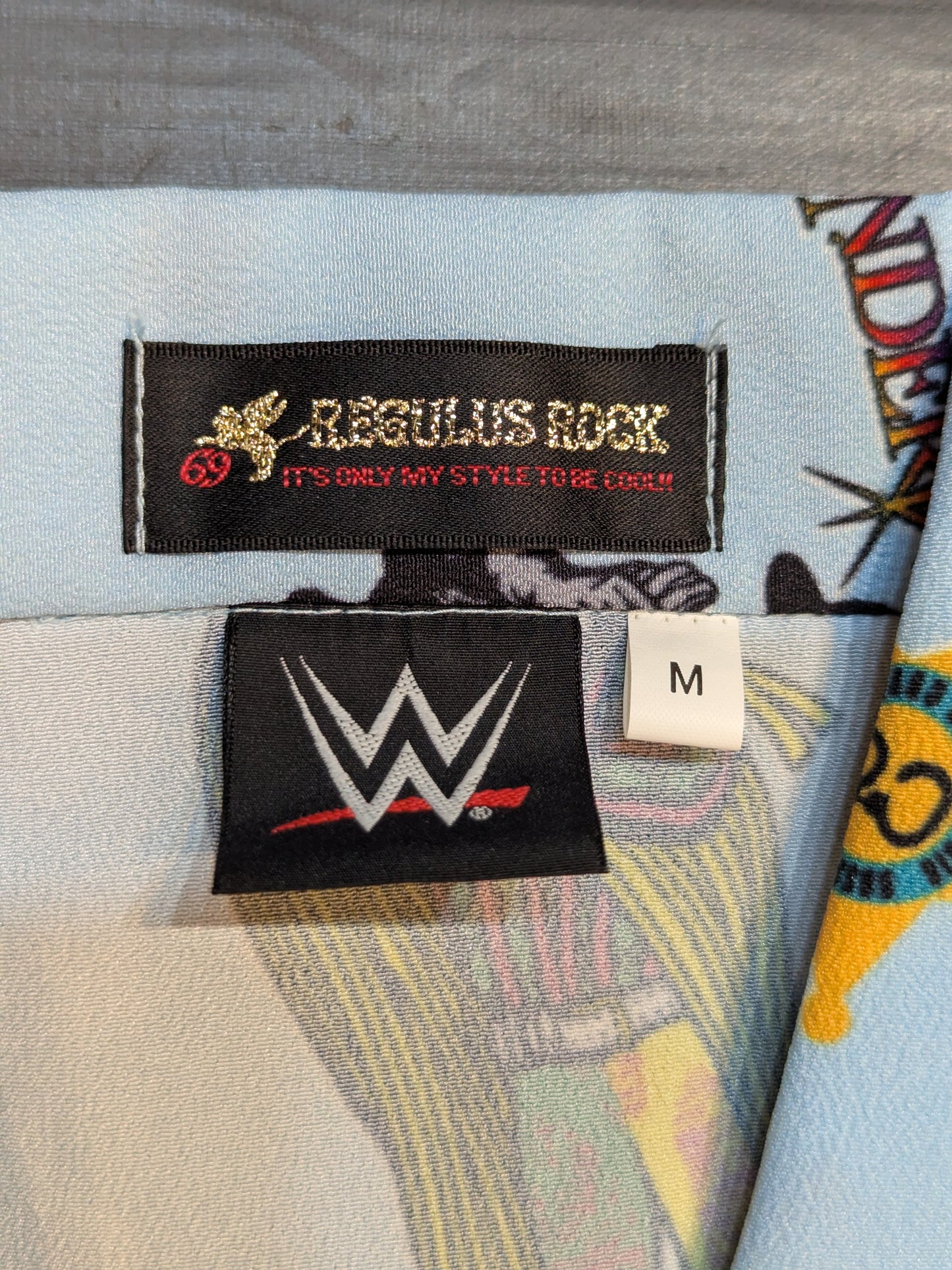WWE LEGENDS × Regulus All-over Pattern Aloha Shirt (WWE (2010s) / Light Blue)