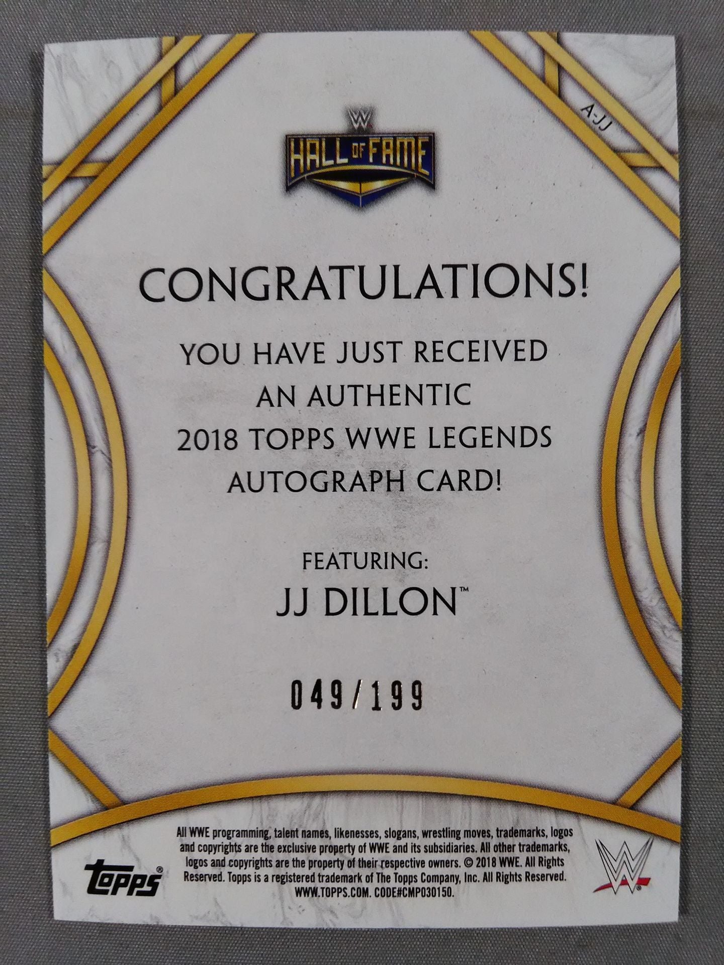 ★HALL OF FAME★ 2018 WWE topps J.J. Dillon Officialautographed card 