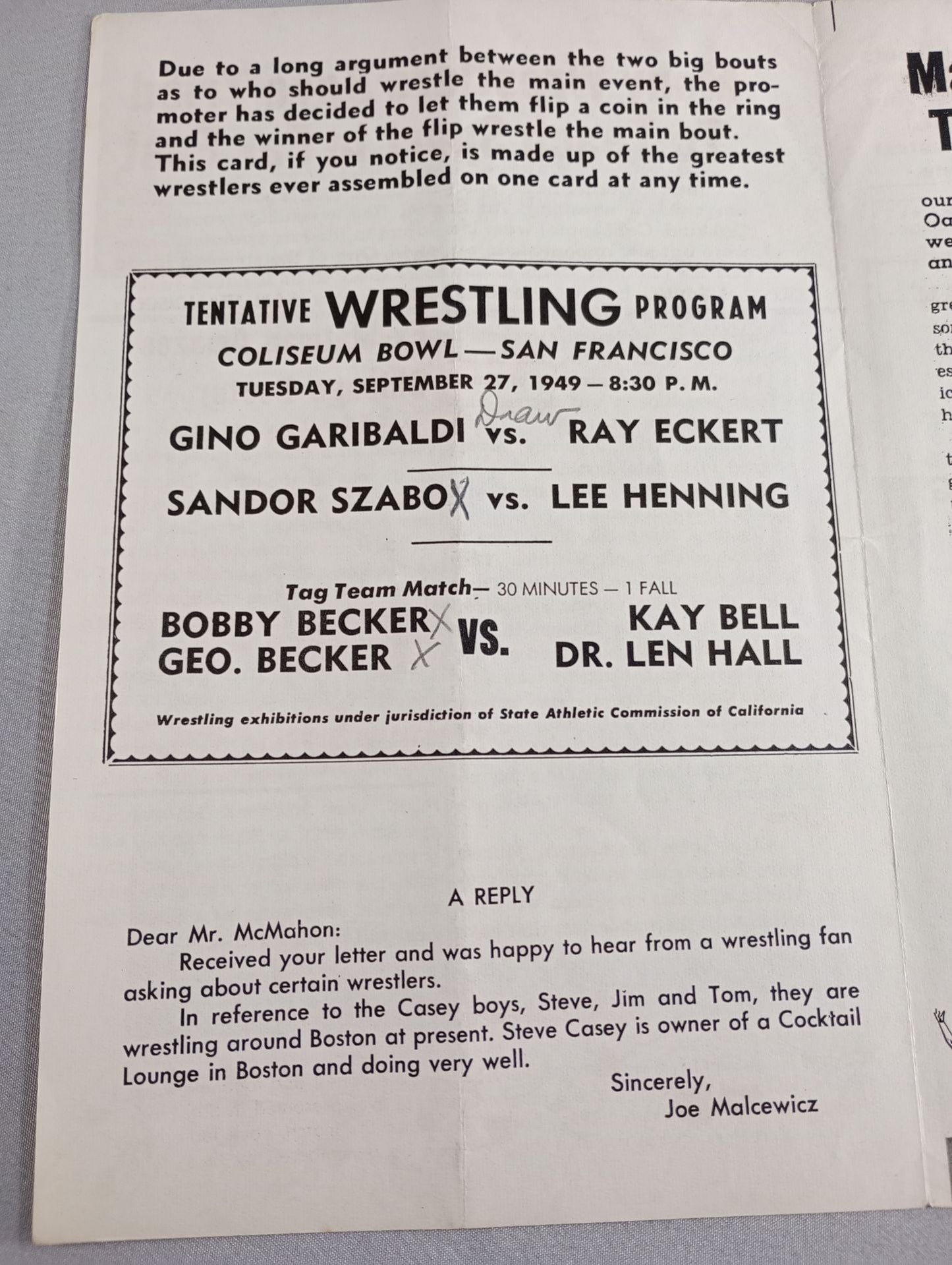 Coliseum WRESTLING NEWS(1949.9.27)