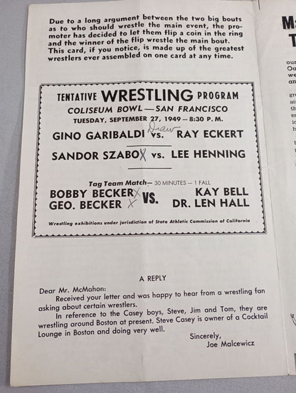 Coliseum WRESTLING NEWS(1949.9.27)