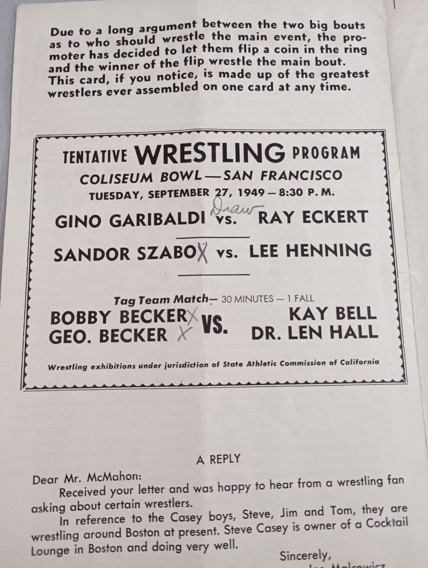Coliseum WRESTLING NEWS(1949.9.27)