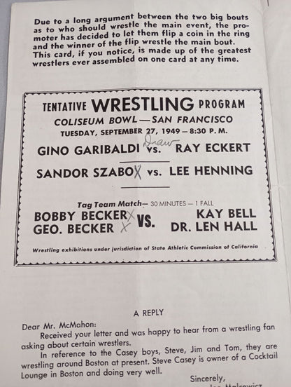 Coliseum WRESTLING NEWS(1949.9.27)