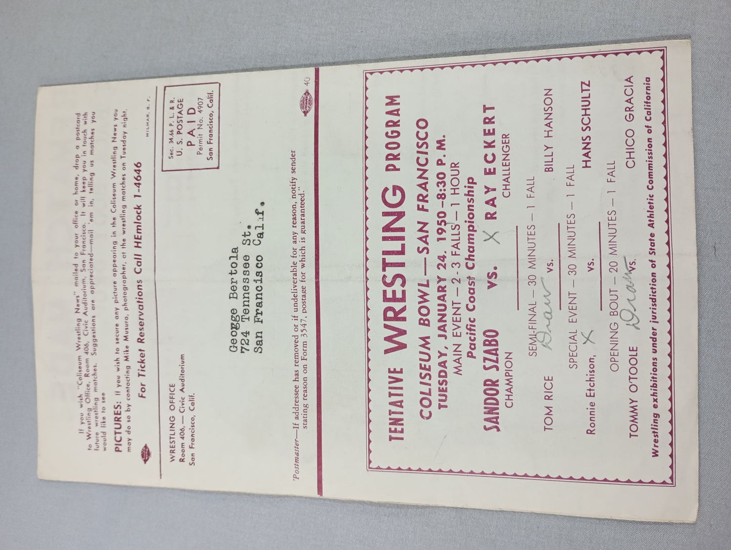 Coliseum WRESTLING NEWS(1950.1.24)