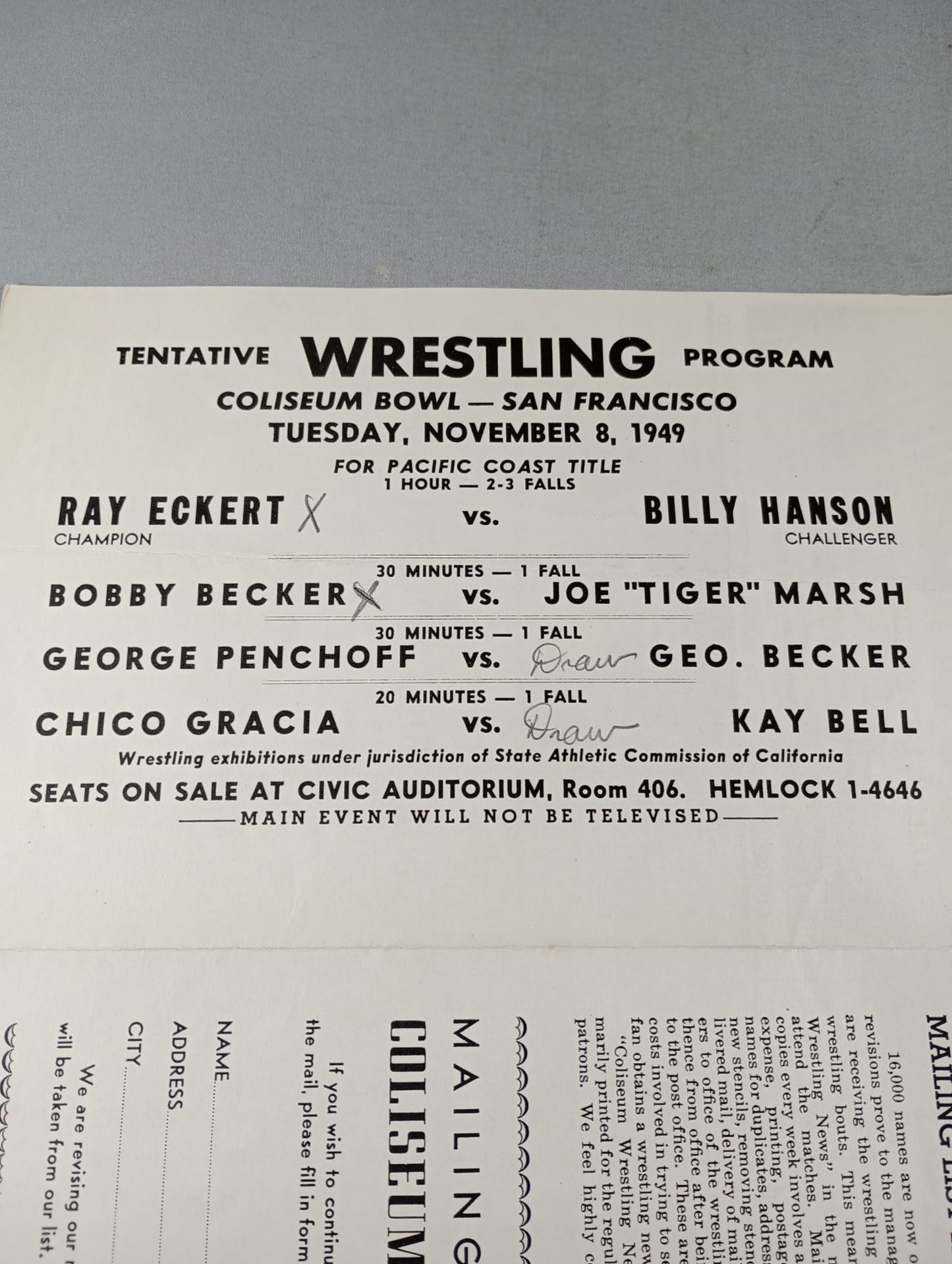 Coliseum WRESTLING NEWS(1949.11.8)