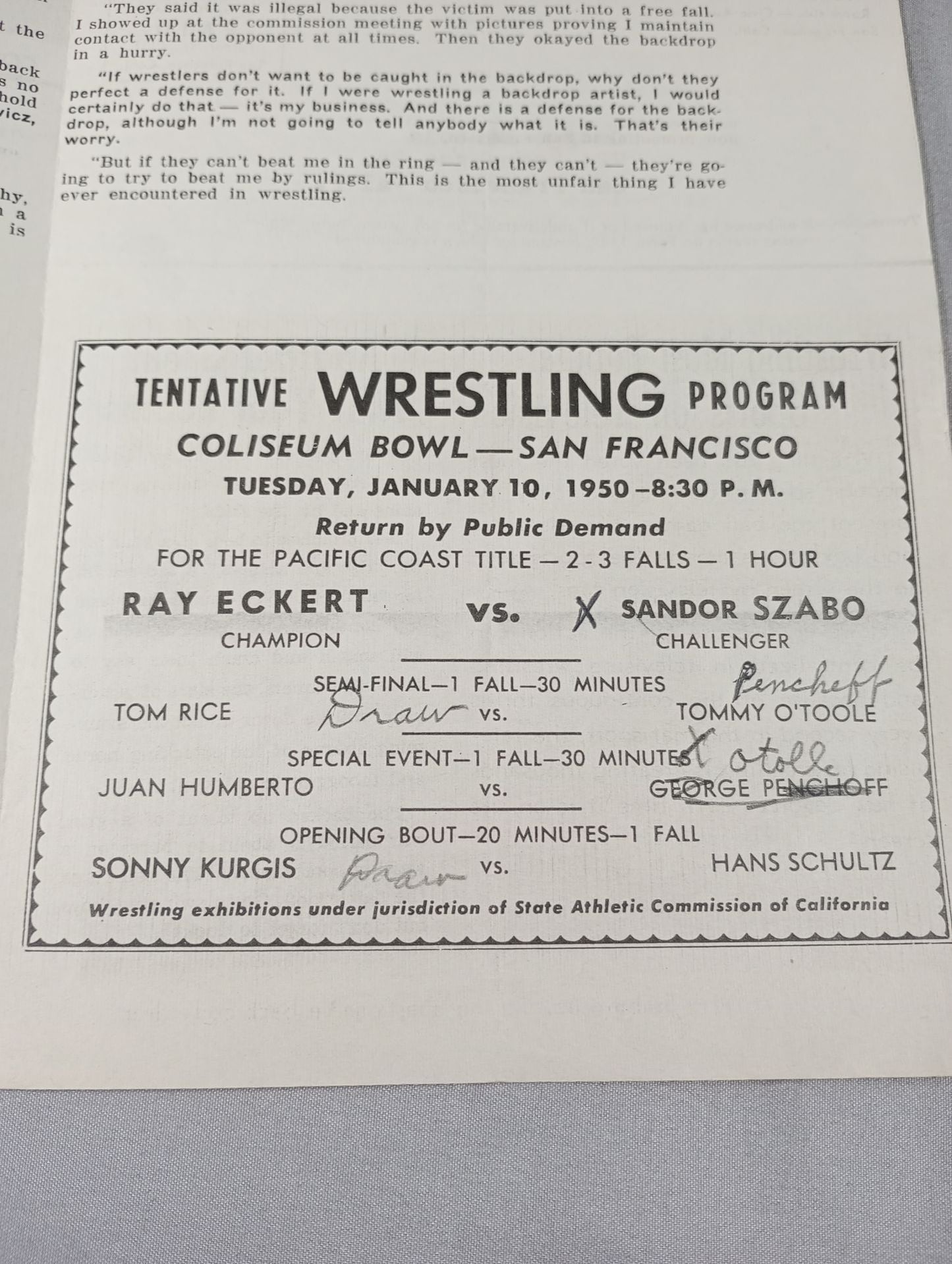 Coliseum WRESTLING NEWS(1950.1.10)