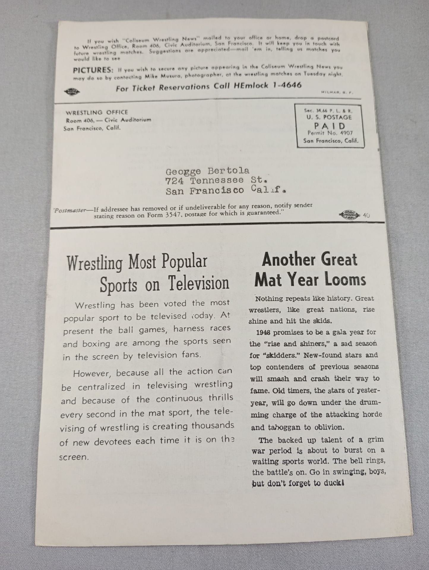 Coliseum WRESTLING NEWS(1950.1.10)