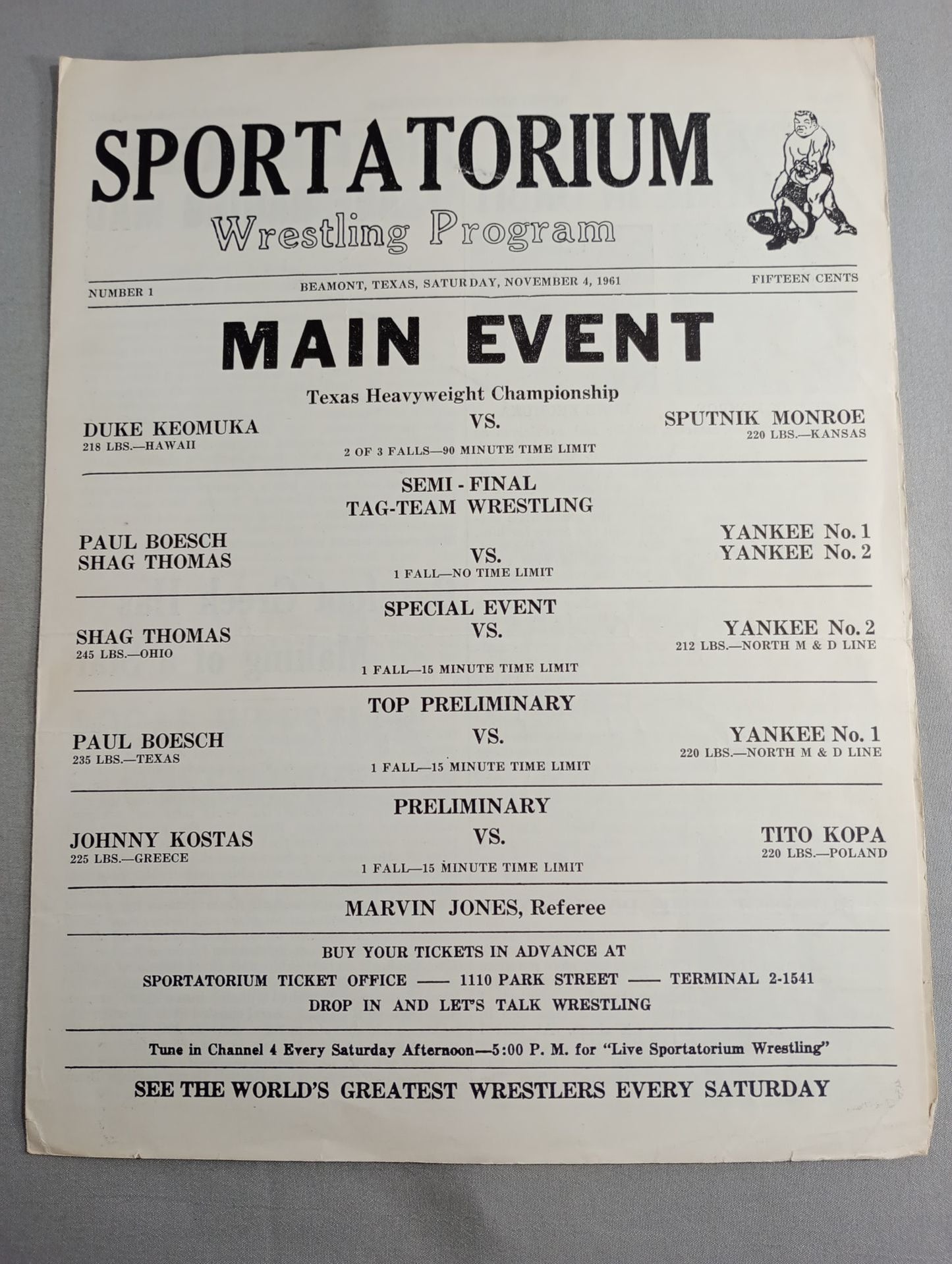 SPORTATORIUM Wrestling Program 1961 No.1