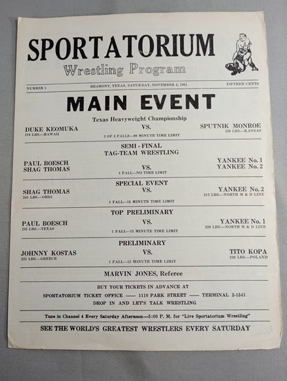 SPORTATORIUM Wrestling Program 1961 No.1