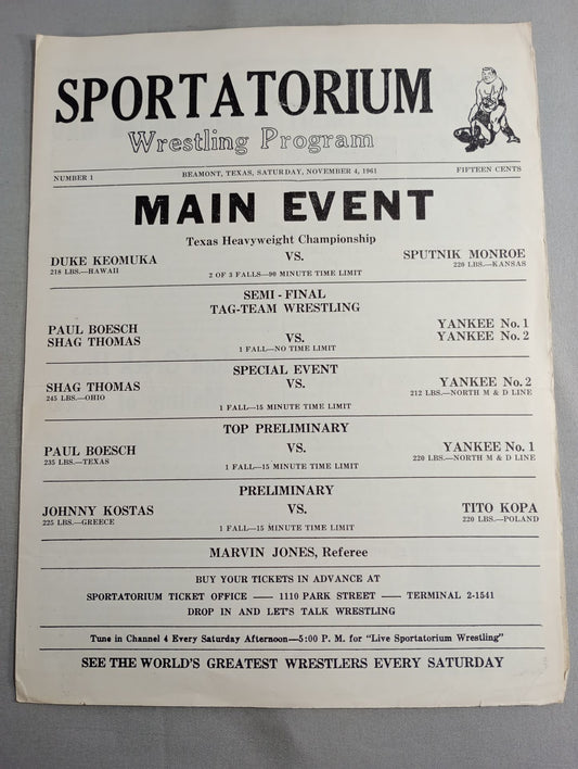 SPORTATORIUM Wrestling Program 1961 No.1