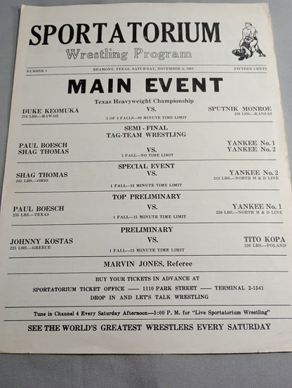 SPORTATORIUM Wrestling Program 1961 No.1