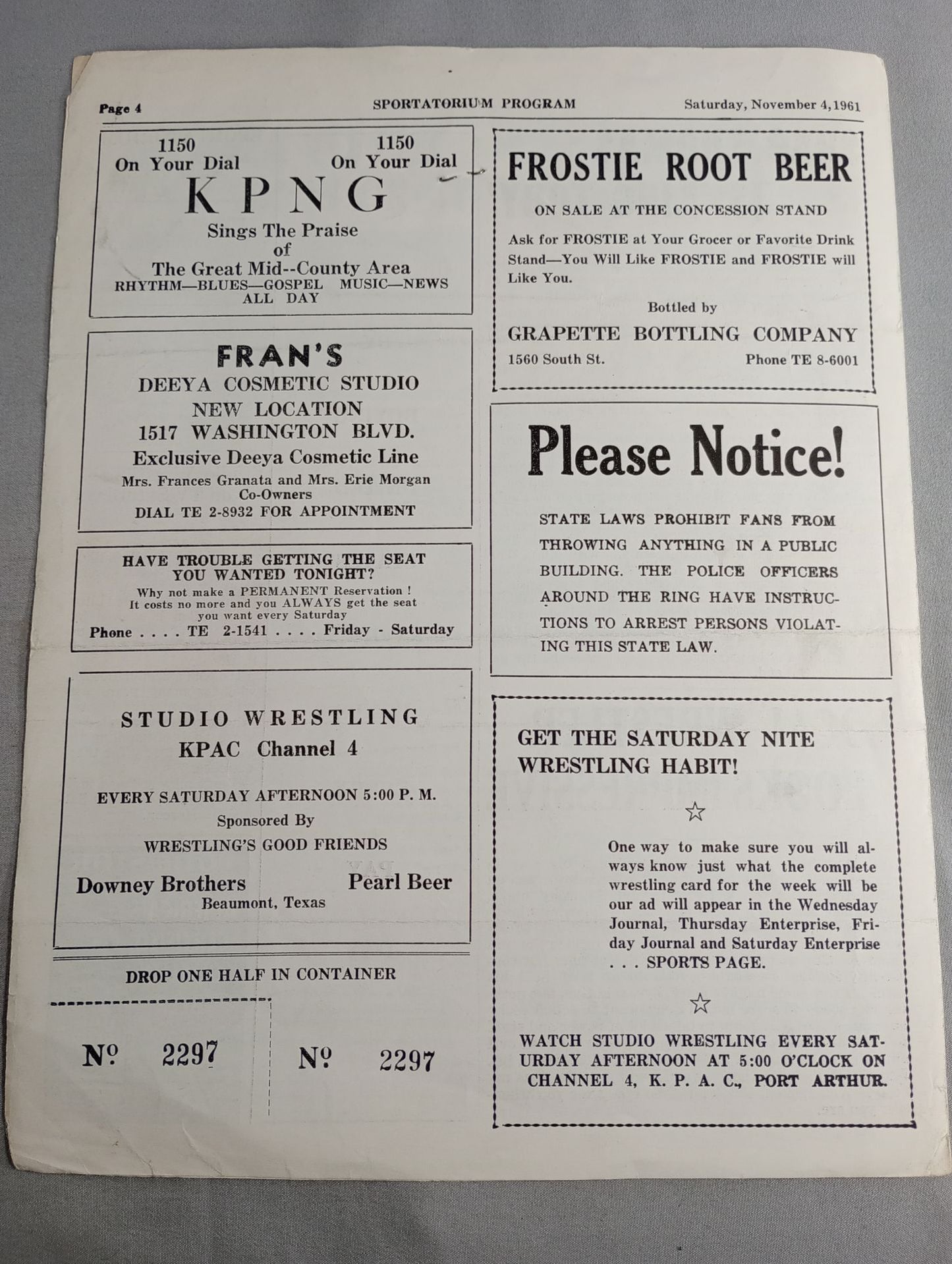 SPORTATORIUM Wrestling Program 1961 No.1