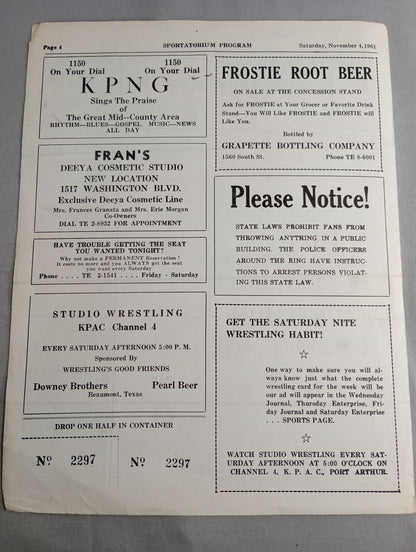 SPORTATORIUM Wrestling Program 1961 No.1