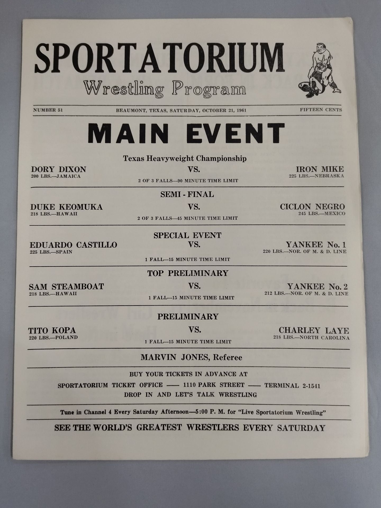 SPORTATORIUM Wrestling Program 1961 No.51