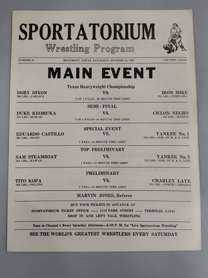 SPORTATORIUM Wrestling Program 1961 No.51