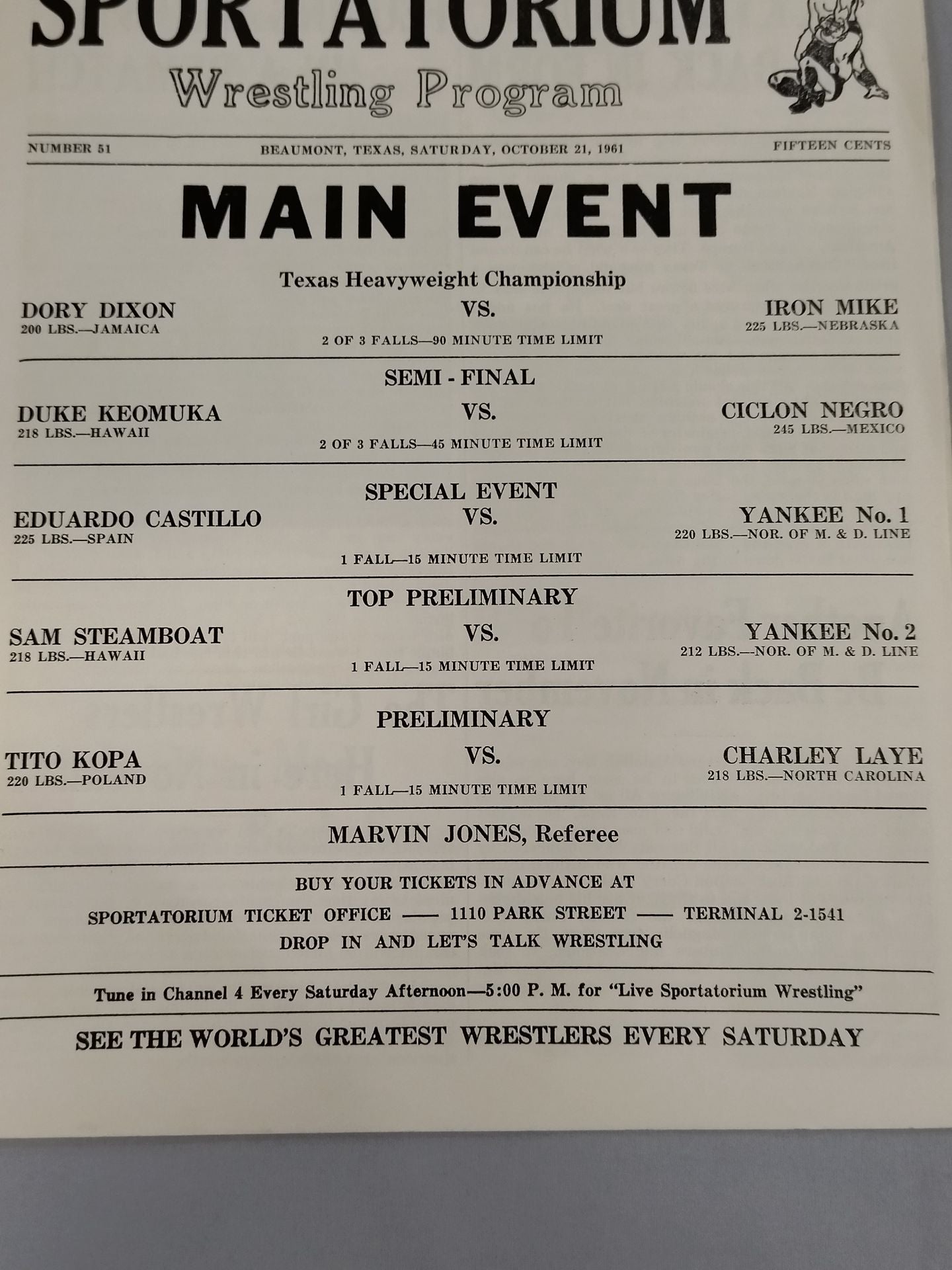 SPORTATORIUM Wrestling Program 1961 No.51