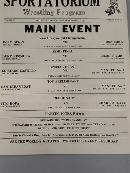 SPORTATORIUM Wrestling Program 1961 No.51
