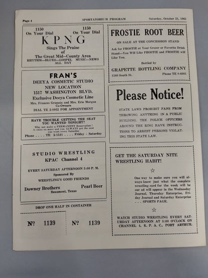 SPORTATORIUM Wrestling Program 1961 No.51