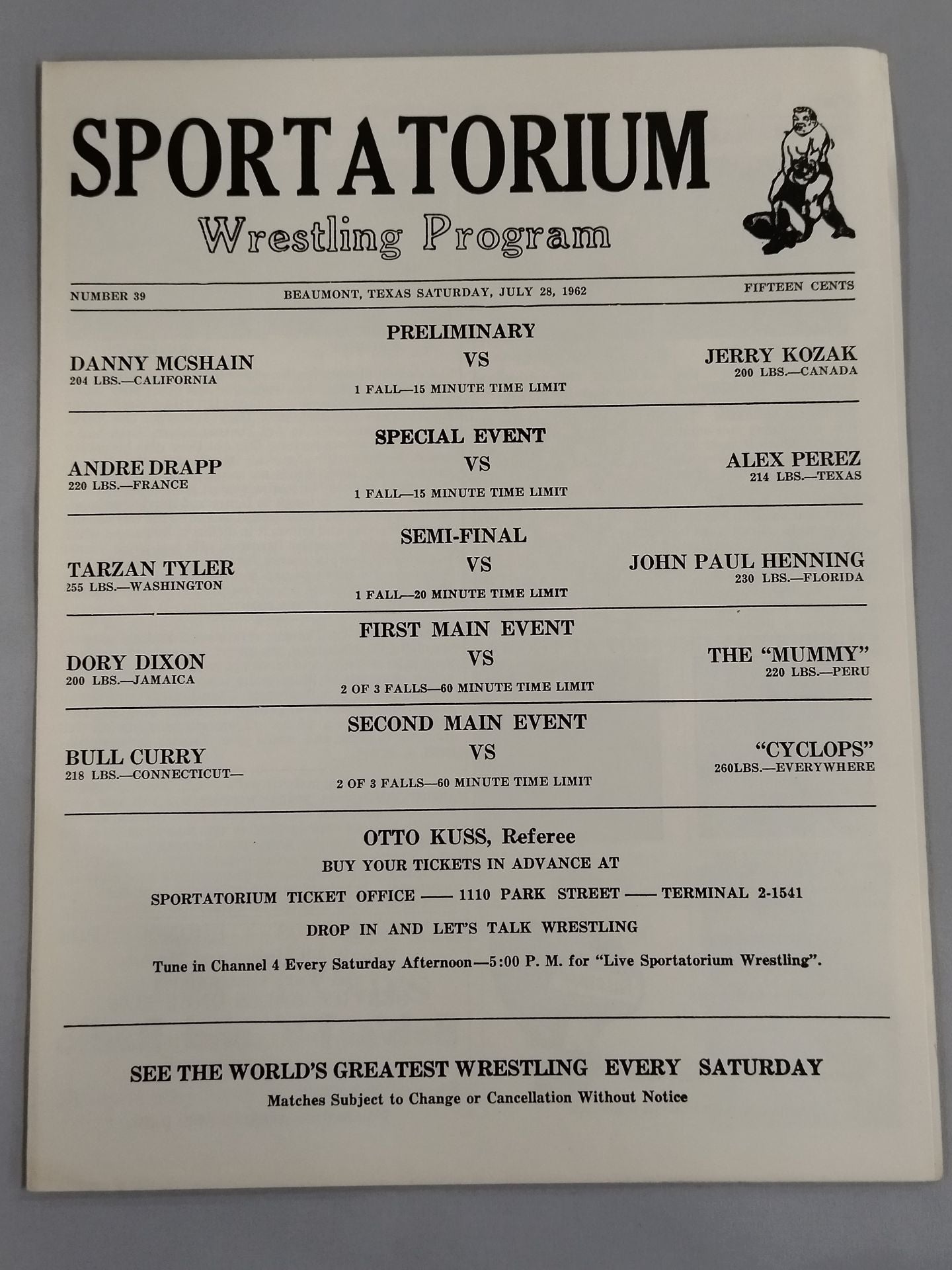 SPORTATORIUM Wrestling Program 1962 No.39