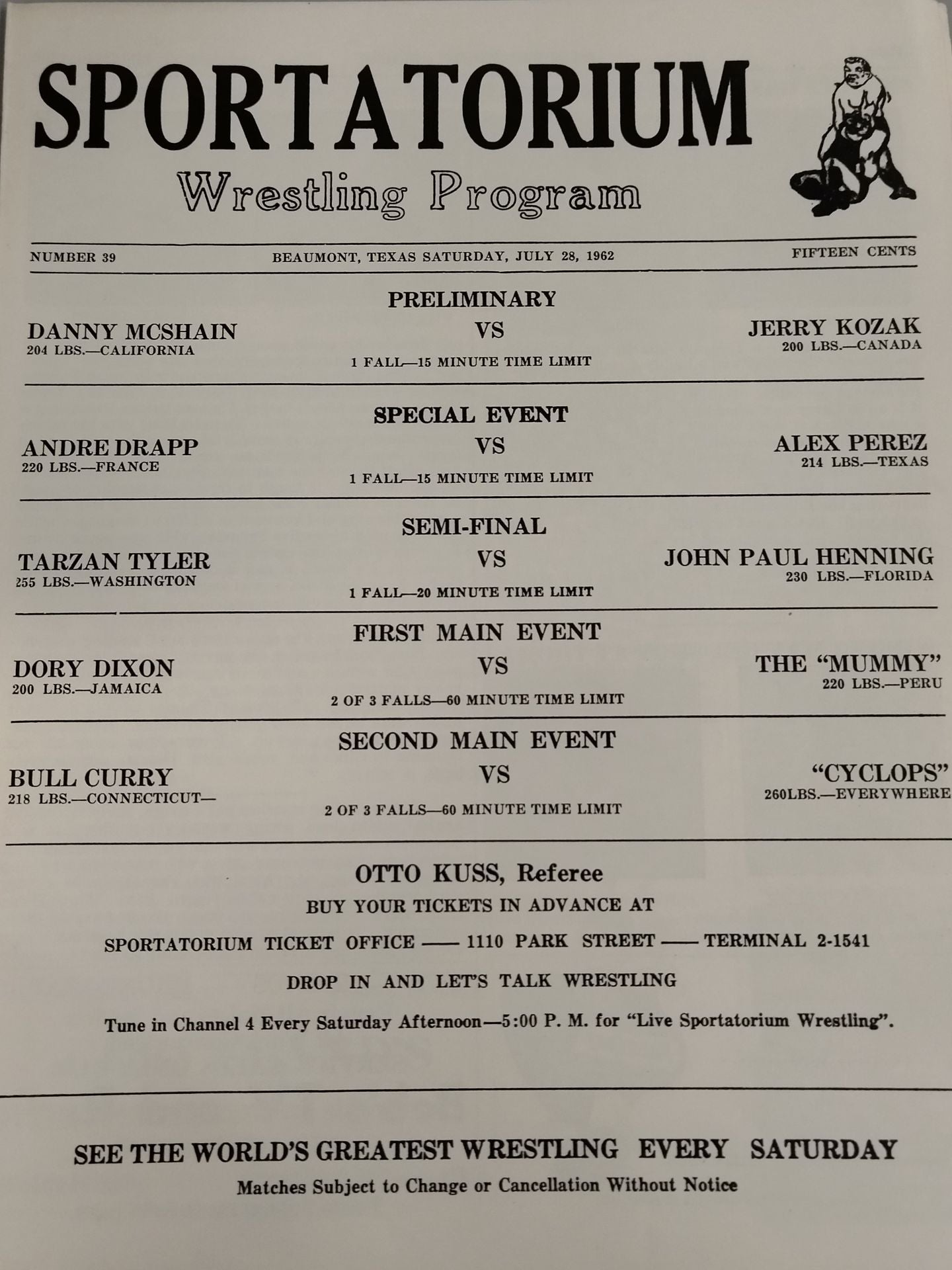 SPORTATORIUM Wrestling Program 1962 No.39