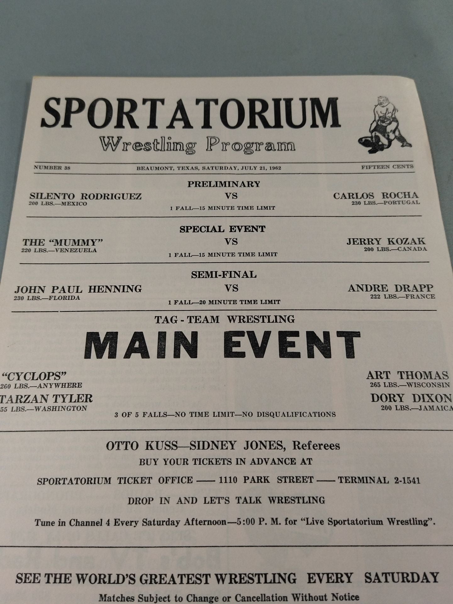 SPORTATORIUM Wrestling Program 1962 No.38