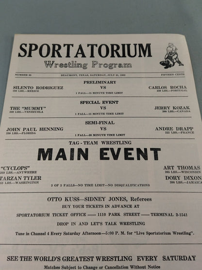SPORTATORIUM Wrestling Program 1962 No.38