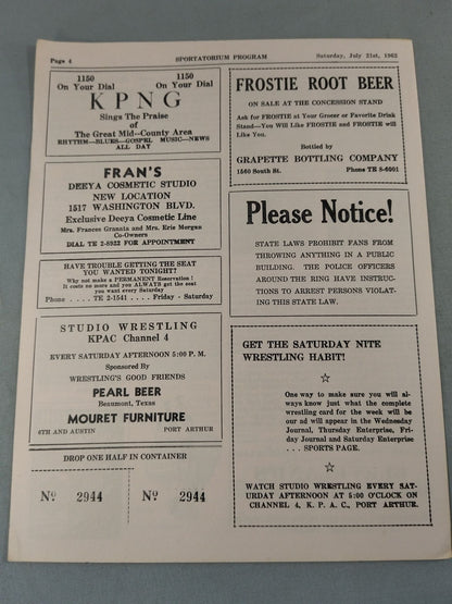 SPORTATORIUM Wrestling Program 1962 No.38