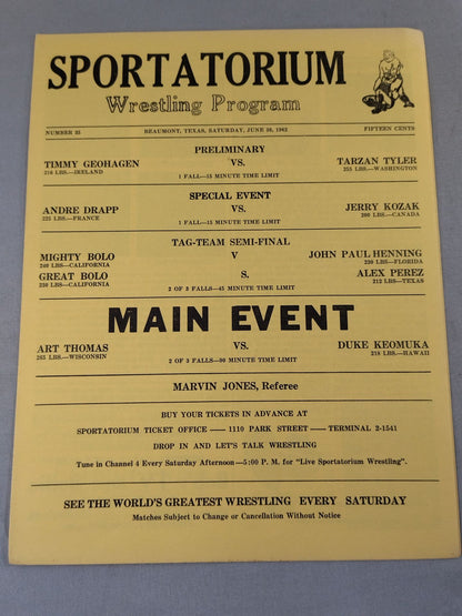 SPORTATORIUM Wrestling Program 1962 No.35
