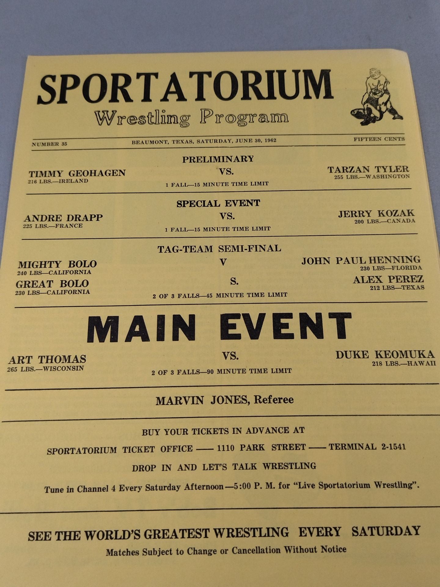 SPORTATORIUM Wrestling Program 1962 No.35