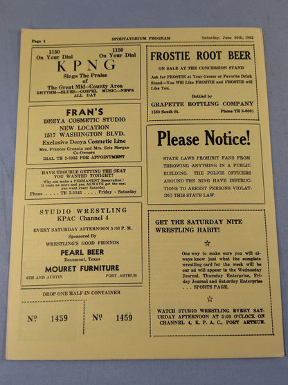 SPORTATORIUM Wrestling Program 1962 No.35