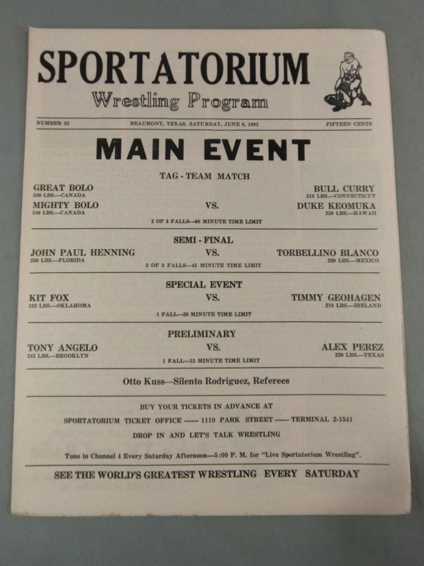 SPORTATORIUM Wrestling Program 1962 No.32