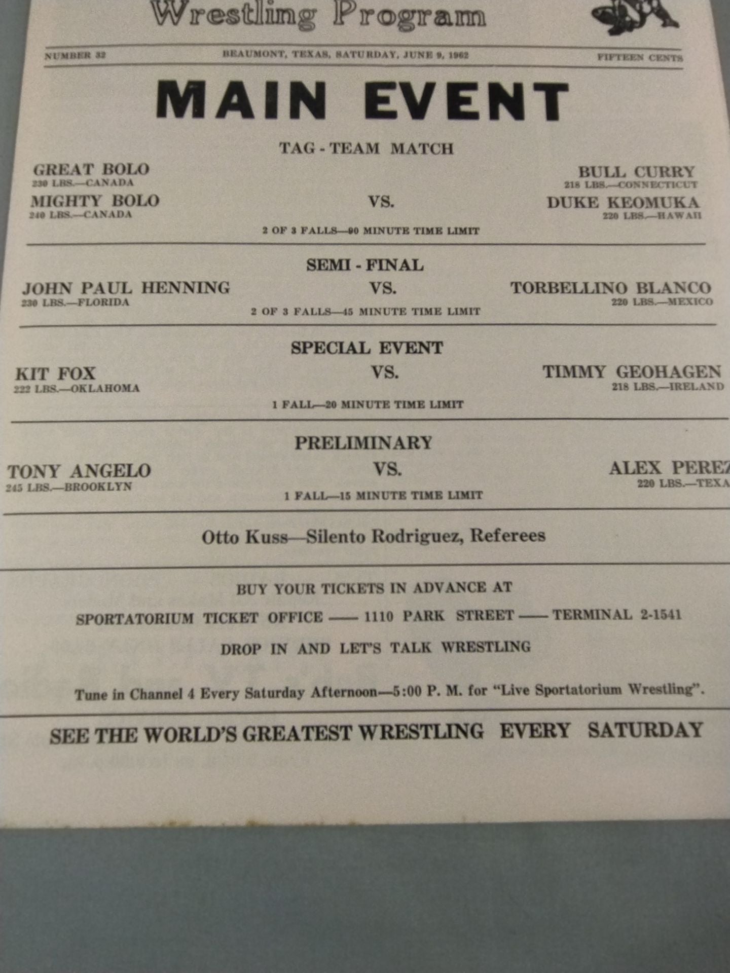 SPORTATORIUM Wrestling Program 1962 No.32