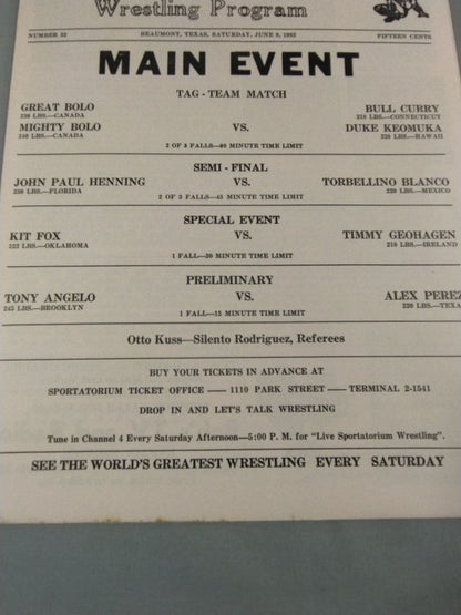 SPORTATORIUM Wrestling Program 1962 No.32