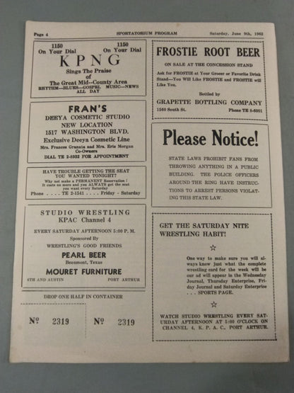 SPORTATORIUM Wrestling Program 1962 No.32