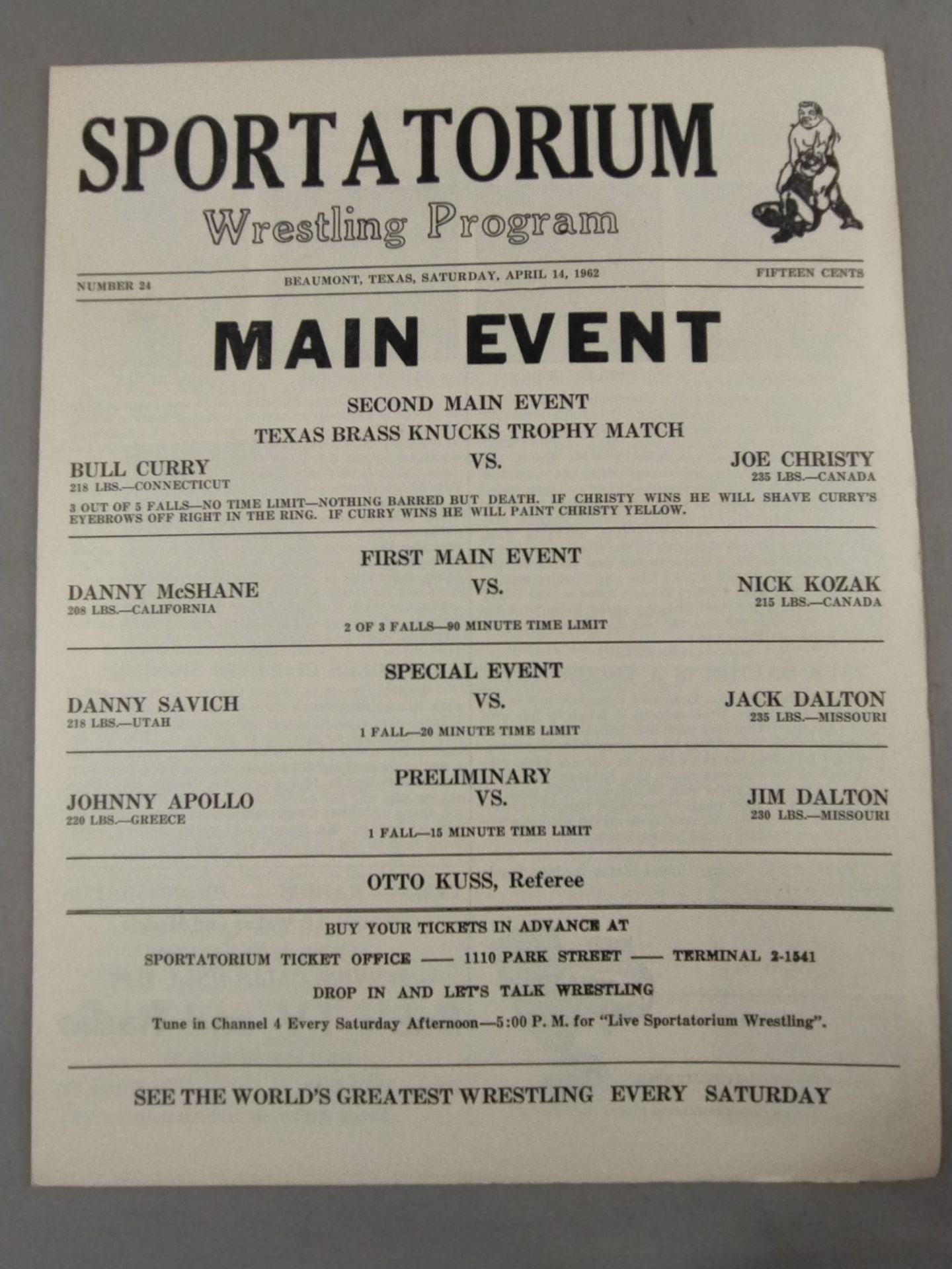SPORTATORIUM Wrestling Program 1962 No.24