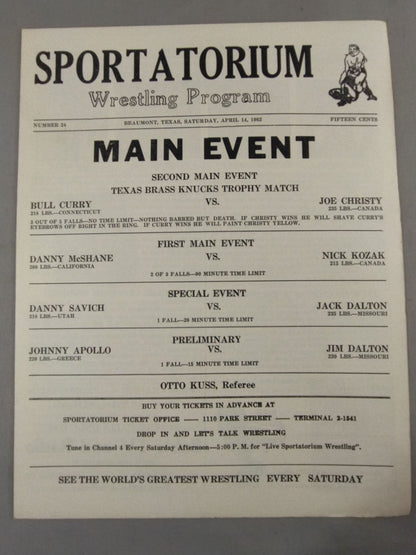 SPORTATORIUM Wrestling Program 1962 No.24