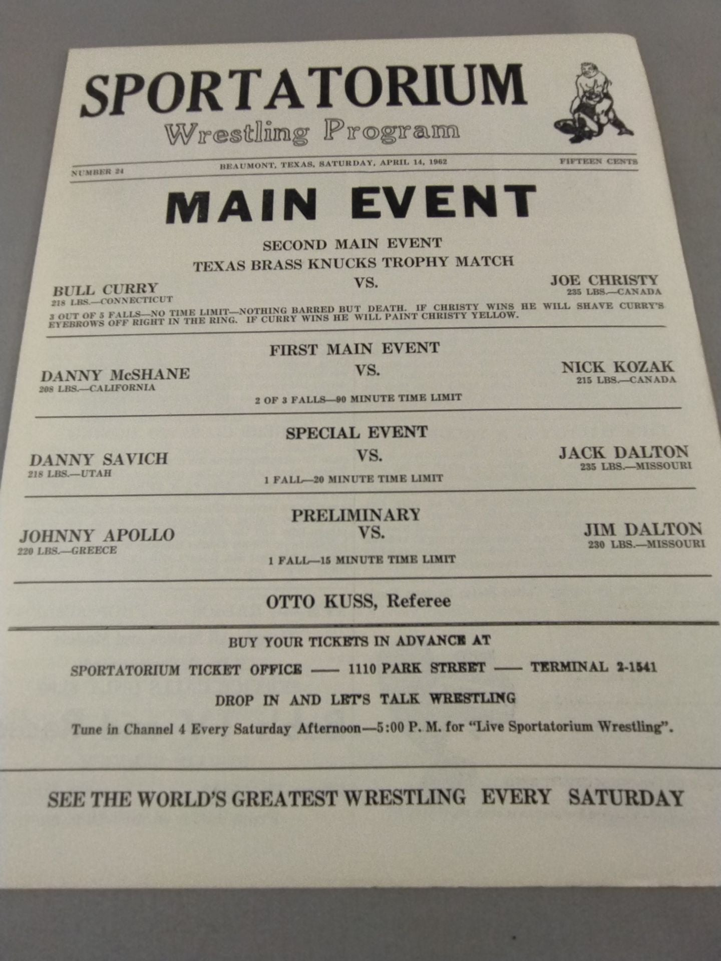 SPORTATORIUM Wrestling Program 1962 No.24