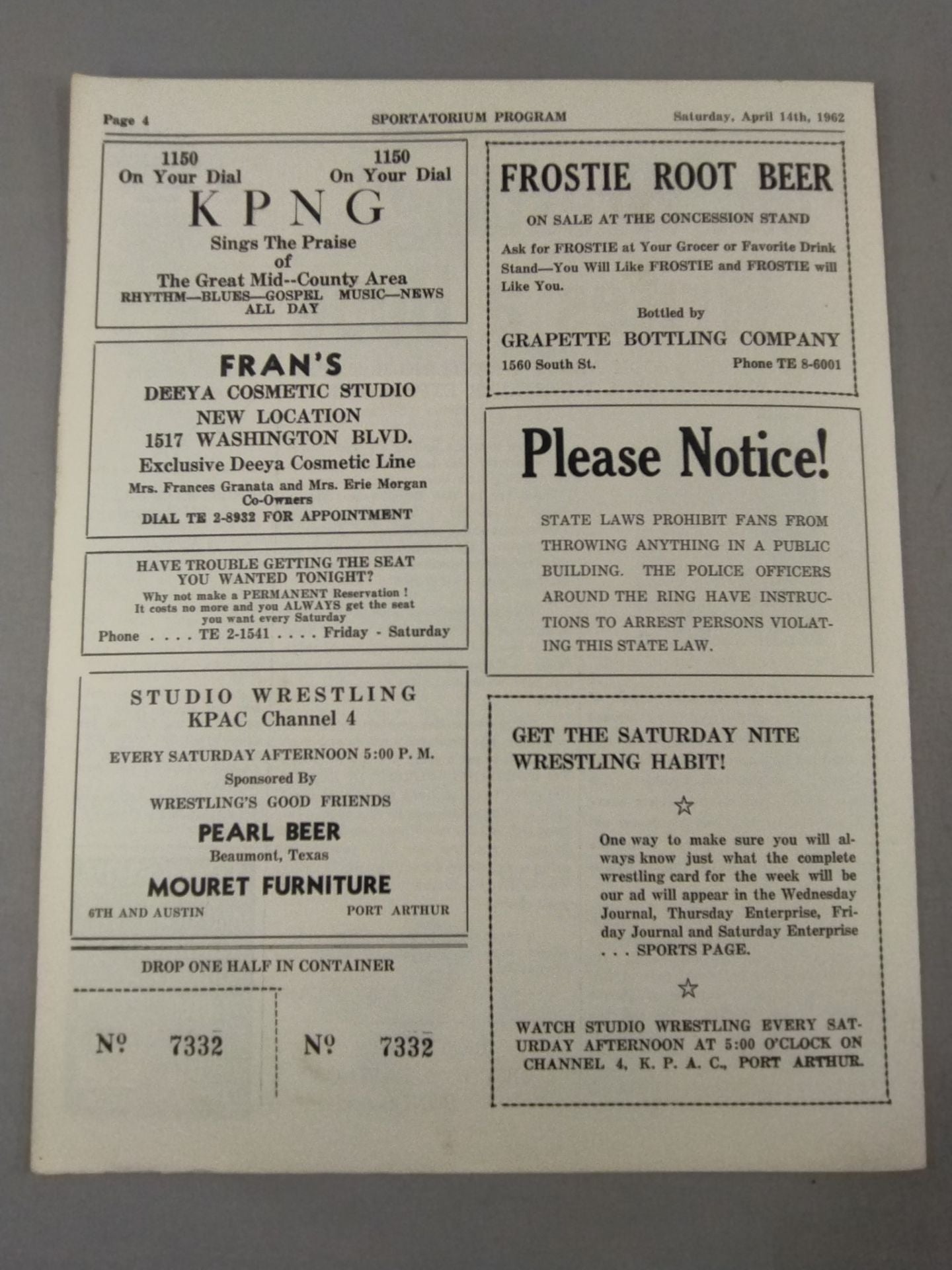 SPORTATORIUM Wrestling Program 1962 No.24